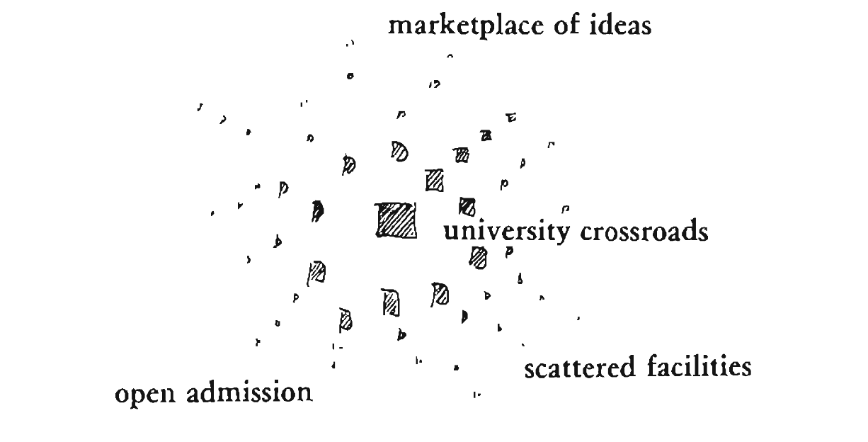 collage image of black and white street scene with connected red, yellow, and blue dots on top of it