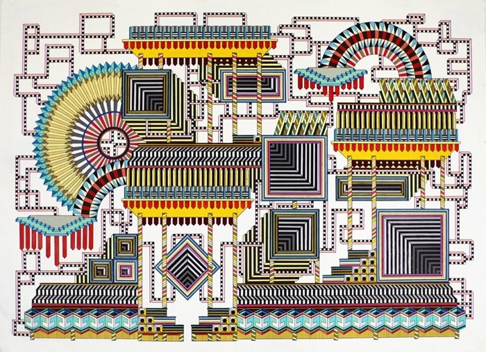 detailed geometric drawing of complex intersecting shapes