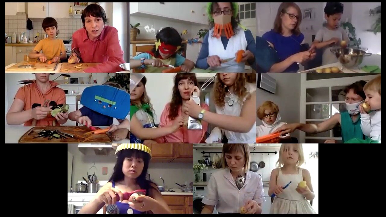 Screen capture of a grid of images of mothers and children cutting food in their kitchens